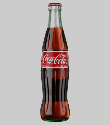 A bottle of soda with a red label.